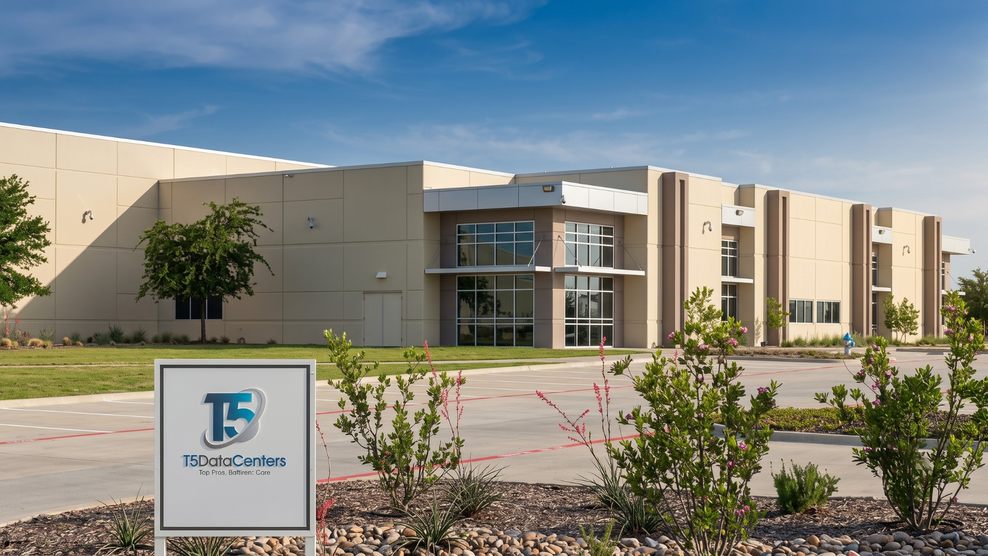 Modern beige school building with a glass entrance and a sign in the foreground