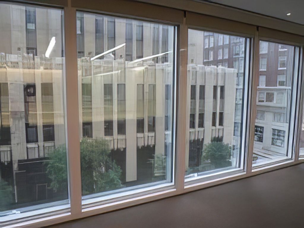 Empty office corridor with floor-to-ceiling windows overlooking neighboring buildings and trees