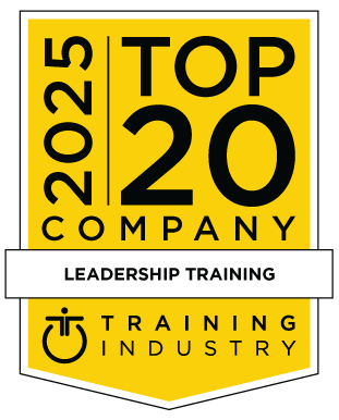 Top 20 Leadership Training Company award badge. Yellow with black text: "TOP 20 COMPANY" and "2025" on the side.