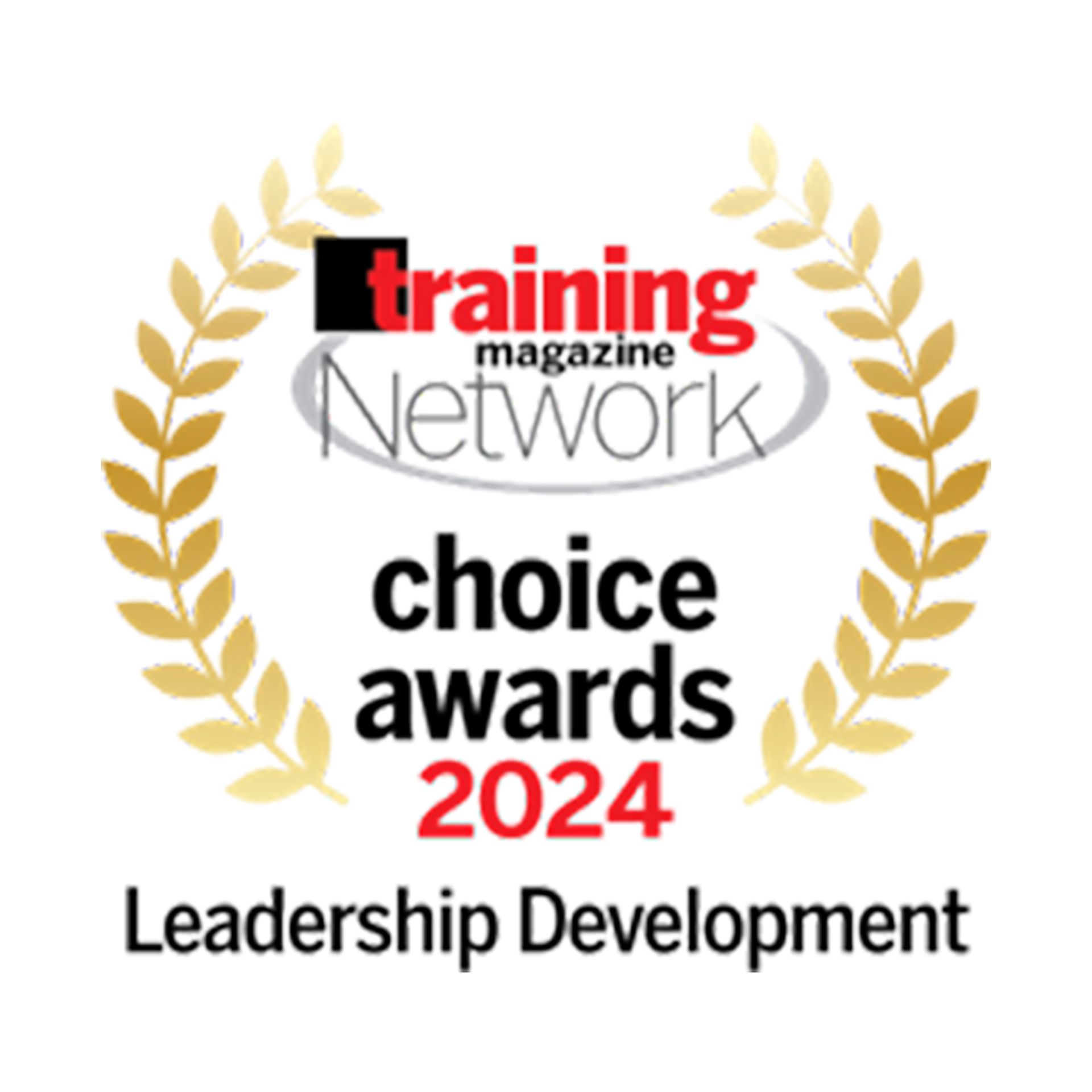 "Training Magazine Network Choice Awards 2024 logo for Leadership Development. Gold wreath, black text on white."