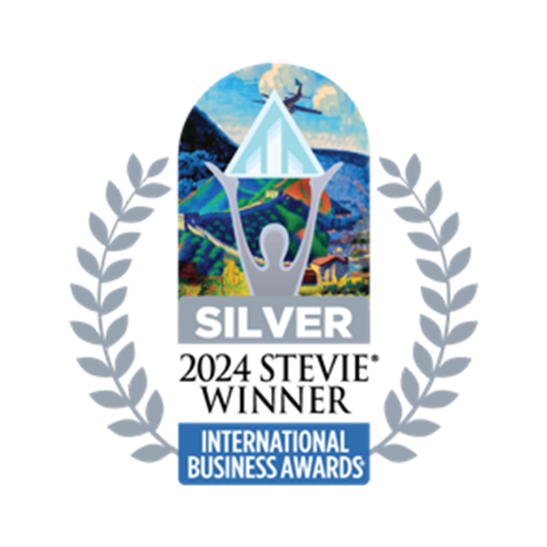 Silver Stevie Award, 2024 winner. Person holding a trophy over colorful landscape, surrounded by a laurel wreath.