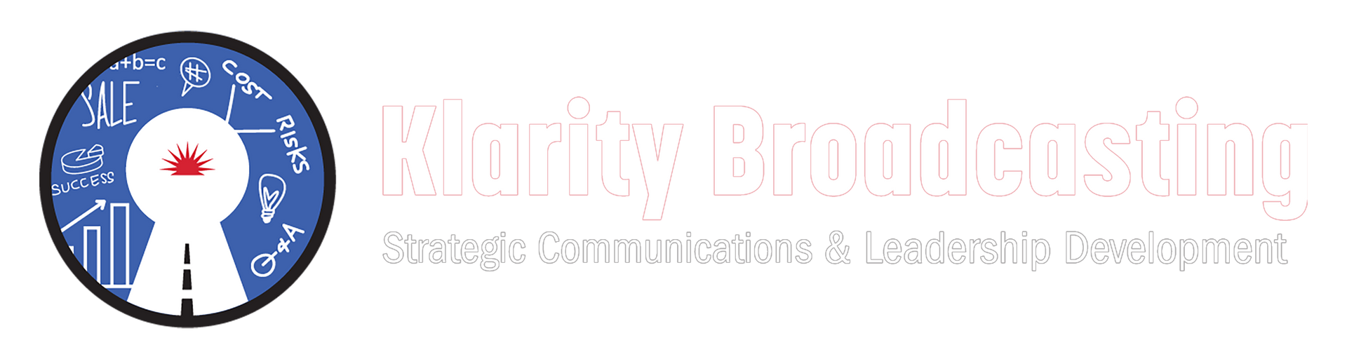 Clarity Broadcasting logo: Blue circle with keyhole and icon, with company name and tagline in red.