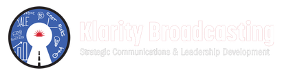 Clarity Broadcasting logo: Blue circle with keyhole and icon, with company name and tagline in red.