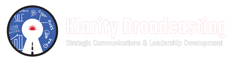 Clarity Broadcasting logo: Blue circle with keyhole and icon, with company name and tagline in red.