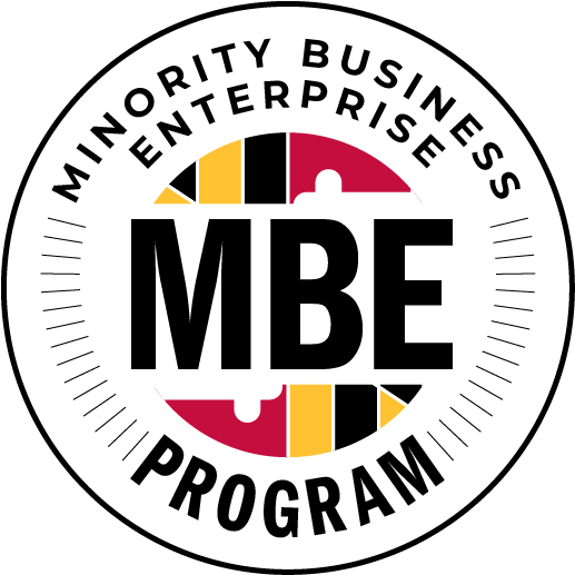 MBE Program logo with text, the Maryland flag colors, and stylized initials "MBE."