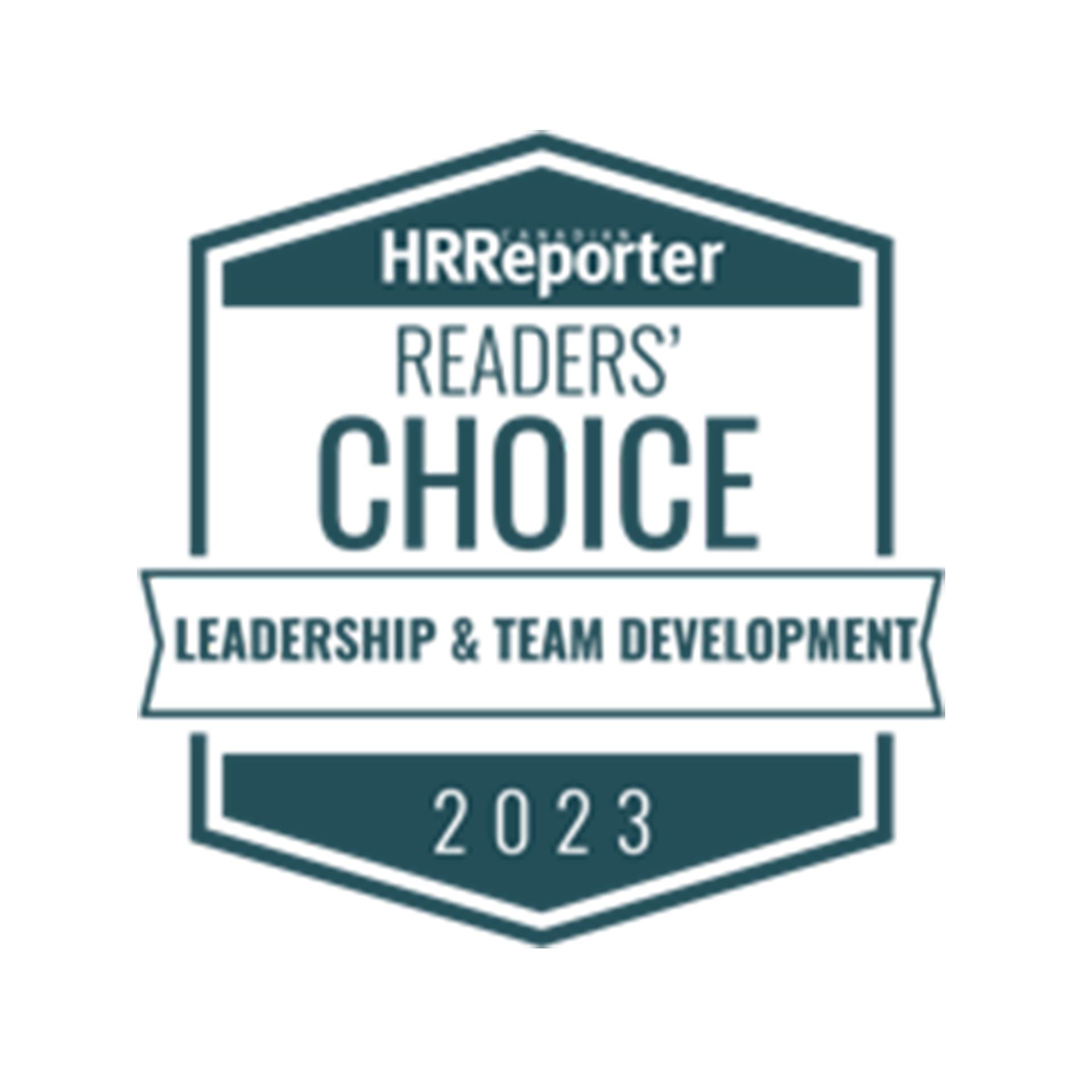 HR Reporter Readers' Choice award badge. Teal and white design, 2023, for leadership & team development.