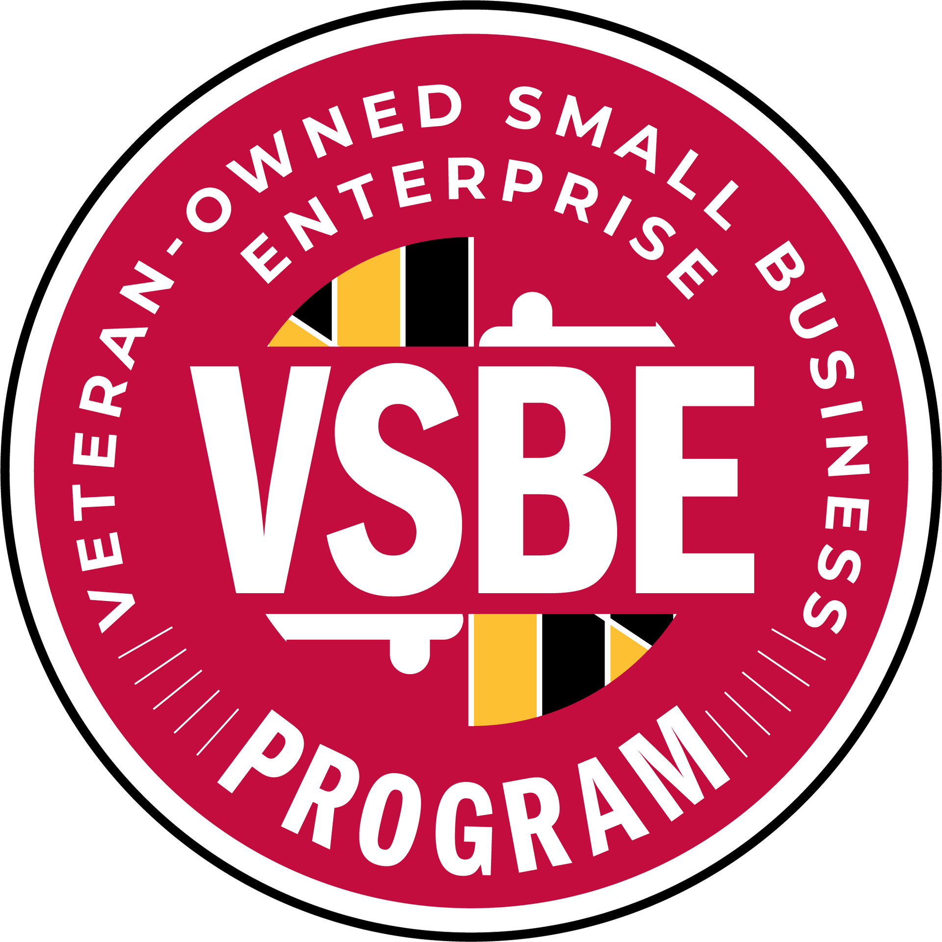 Red and white VSBE Program seal for Veteran-Owned Small Business, with gold and black details, and black outline.