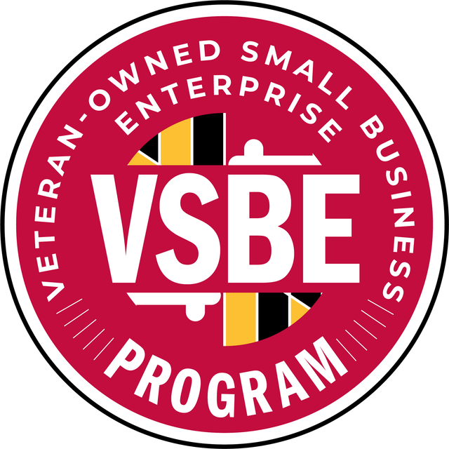 Red and white VSBE Program seal for Veteran-Owned Small Business, with gold and black details, and black outline.