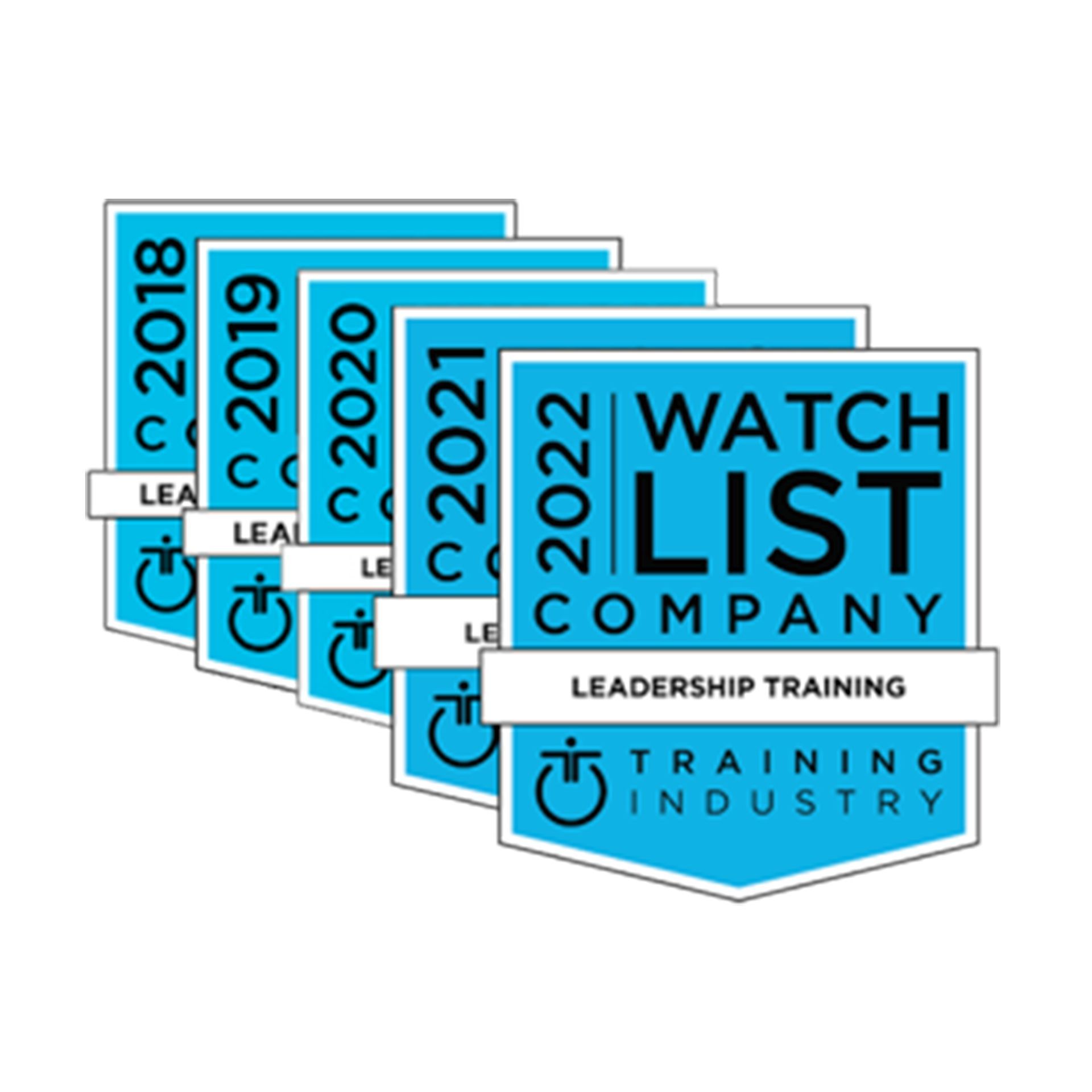 Blue badges with "Watch List Company" and "Leadership Training", spanning years 2018-2022.