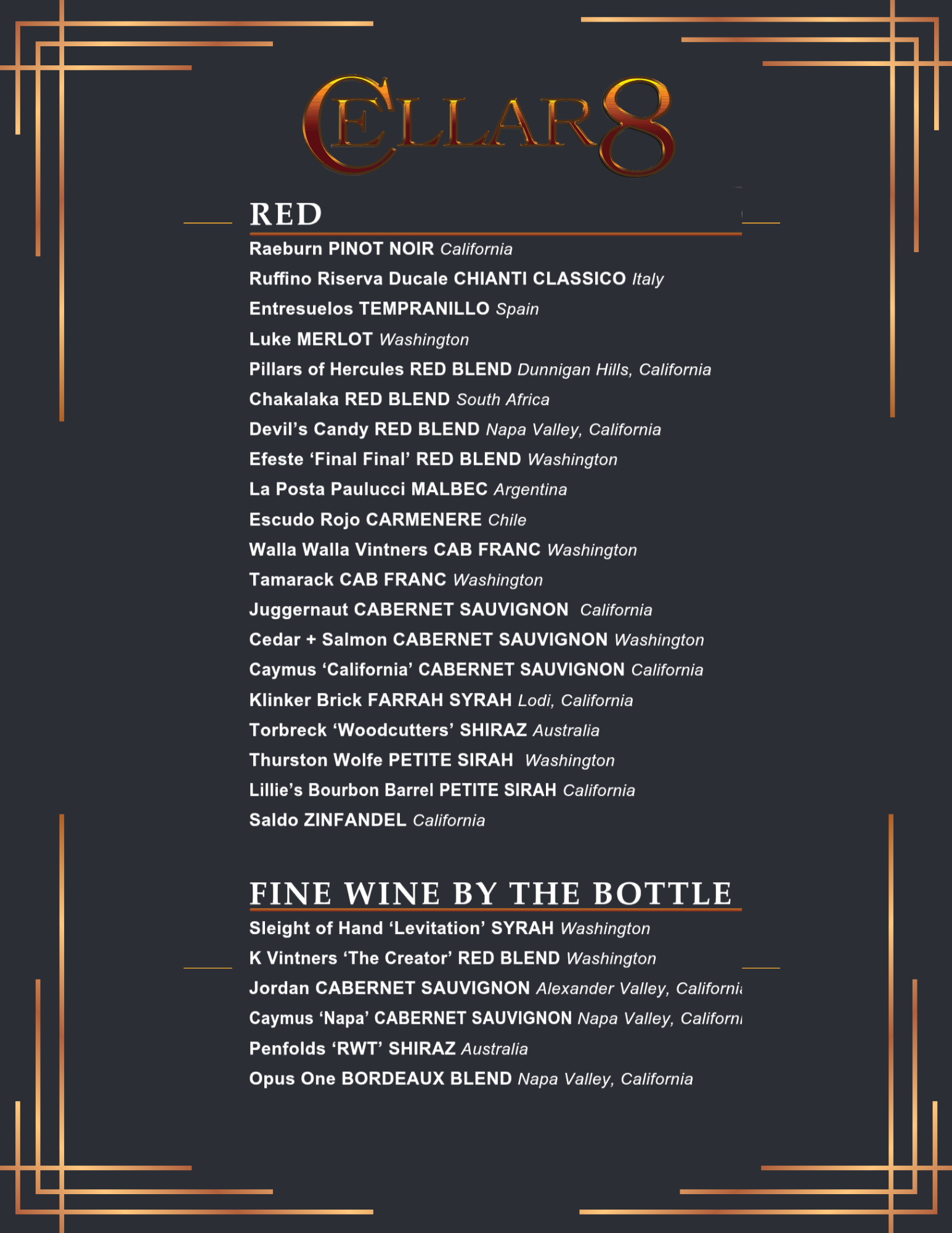 A black and white menu for a restaurant called cellar 8.
