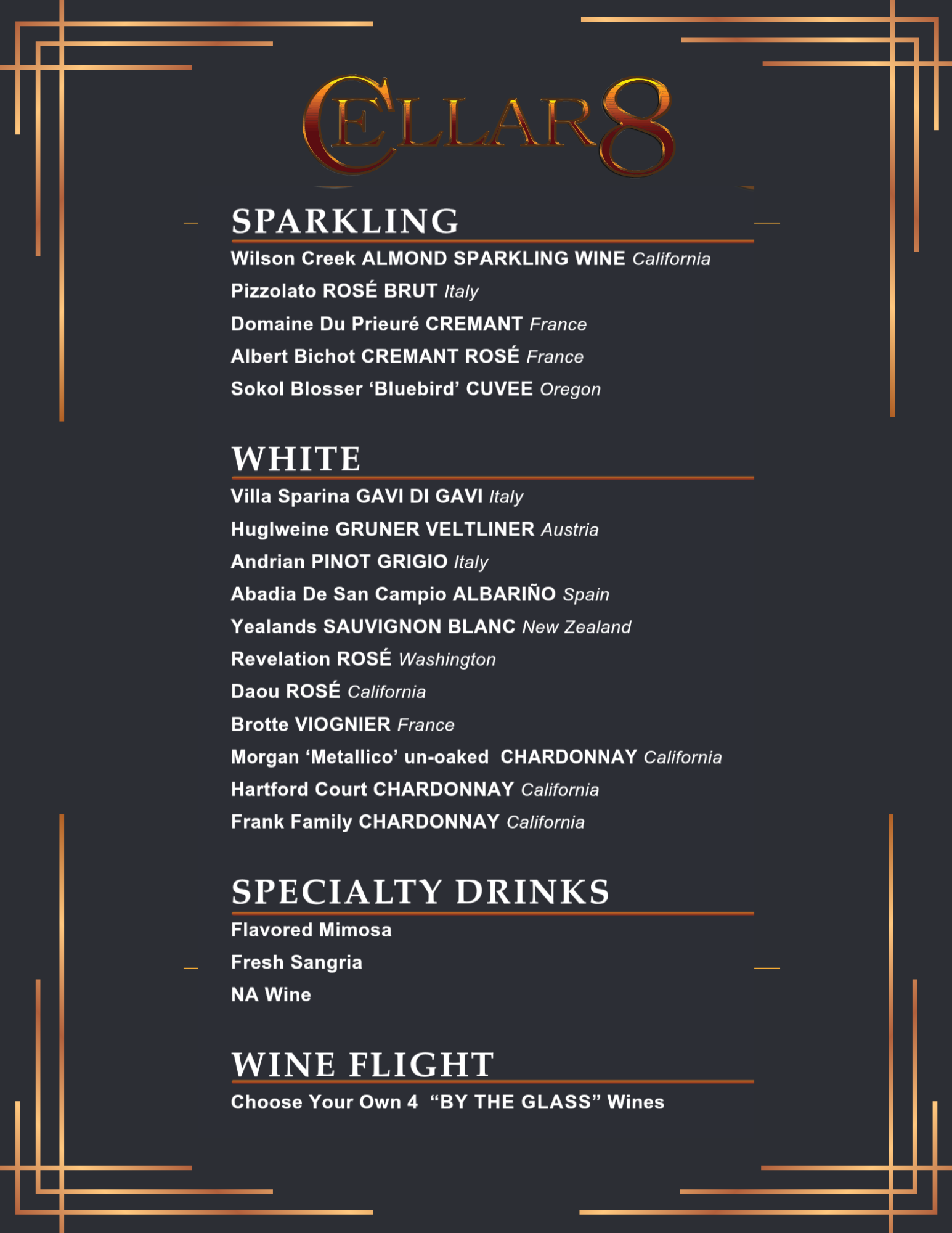 A menu for a restaurant with a list of drinks on it.