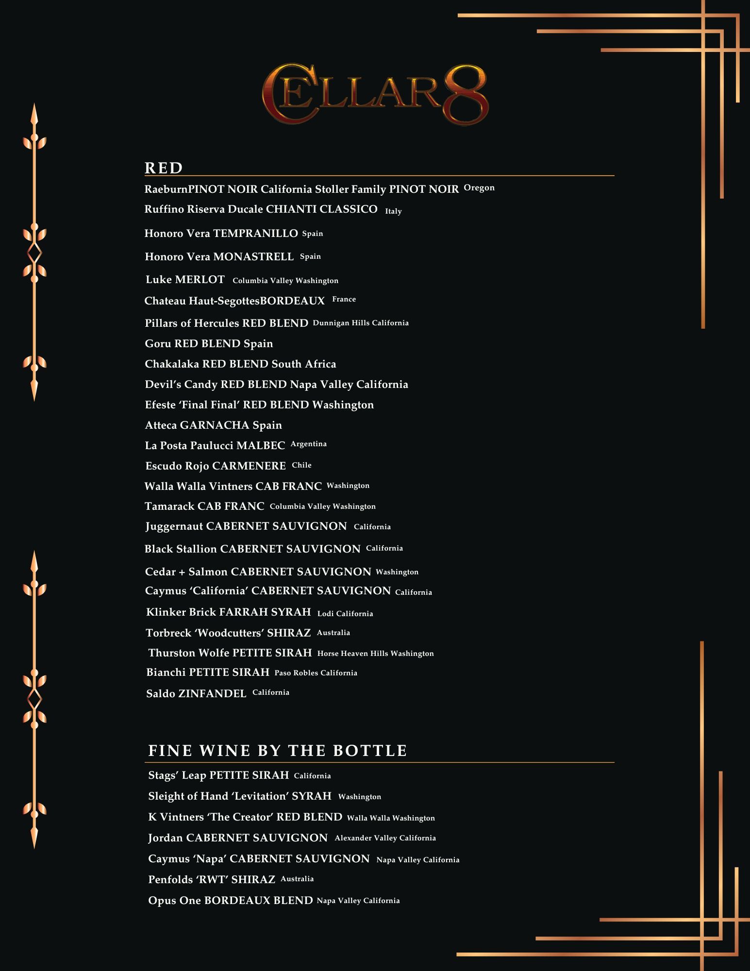 A black and white menu for a restaurant called cellar 8.