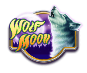 A logo for wolf moon with a wolf howling at the moon