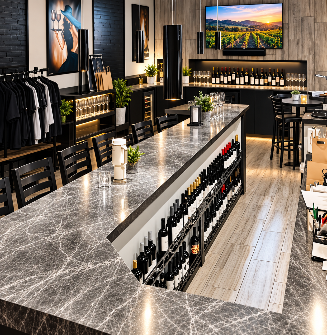 People gathered around a long bar in a lively restaurant, chatting and drinking wine.