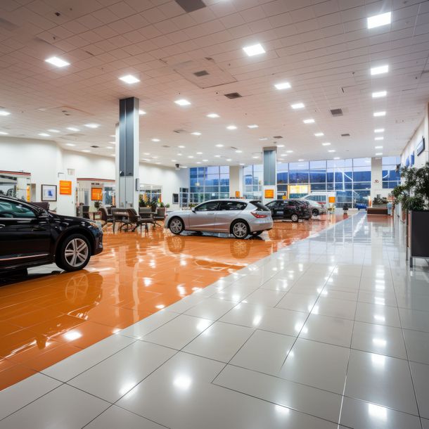 Luminosa sala de exposición de coches con suelo de baldosas naranjas y blancas y varios vehículos expuestos.