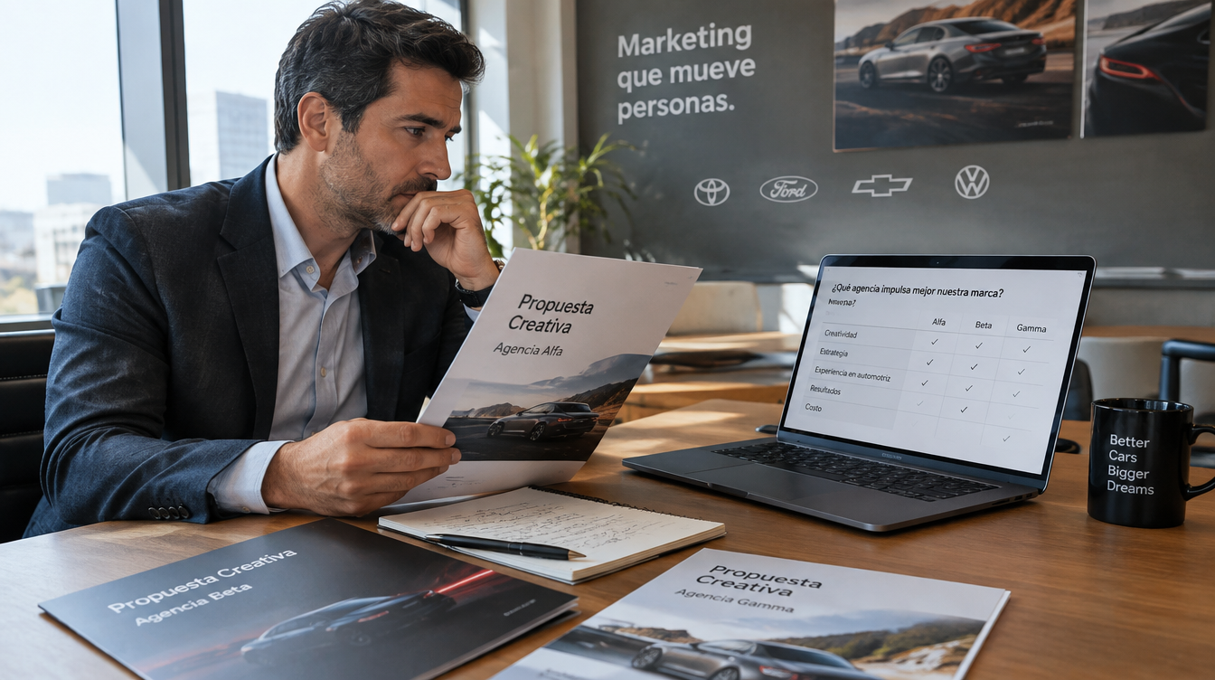 Gerente de distribuidora evaluando una agencia de marketing automotriz en México