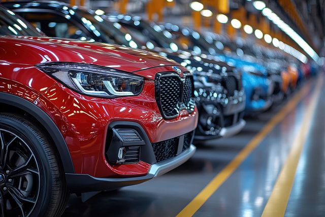 Fila de coches rojos y azules brillantes en una cadena de montaje en una fábrica.