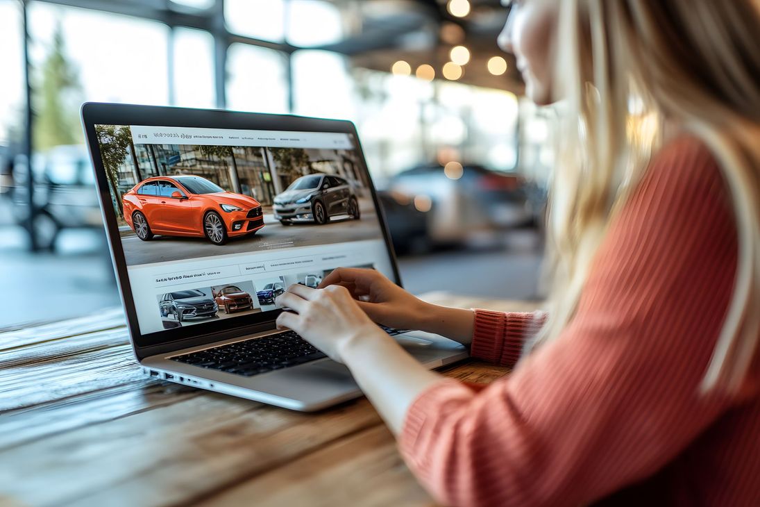 Una persona está mirando anuncios de coches en un portátil en una cafetería, viendo la foto de un coche naranja.