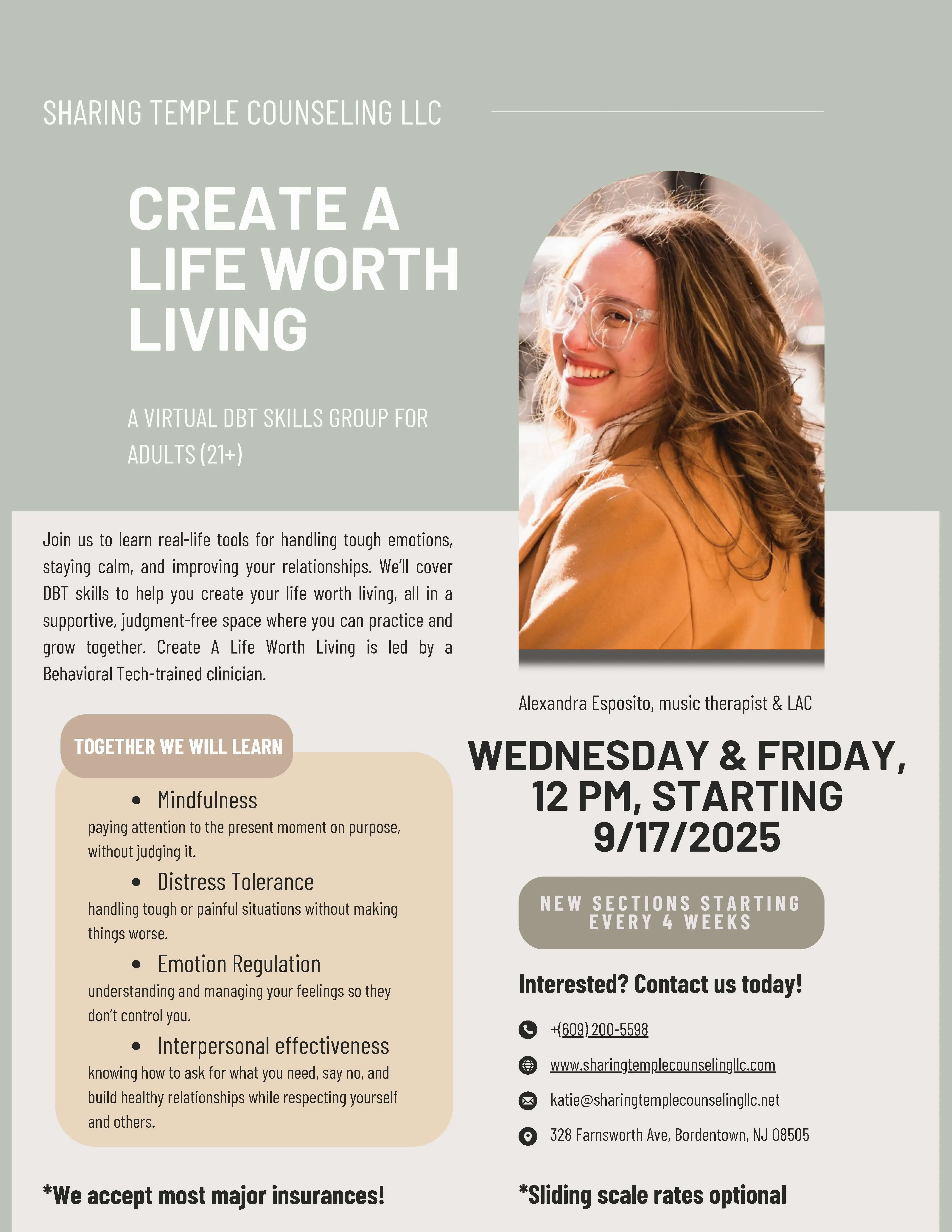 Create a Life Worth Living, a Virtual DBT Group for Adults (21+).