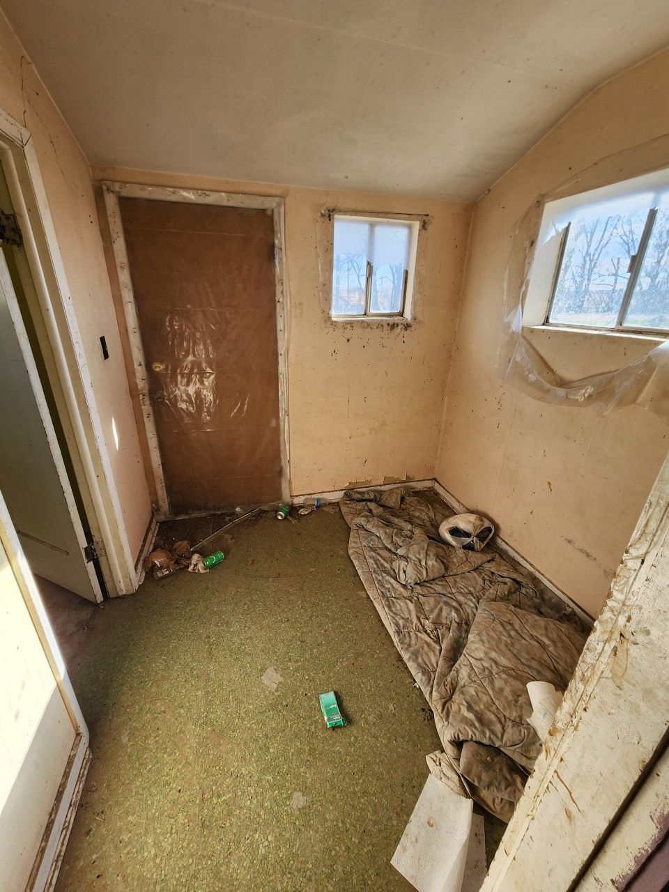 Small, abandoned beige room with a worn green floor, two windows, and a closed door.