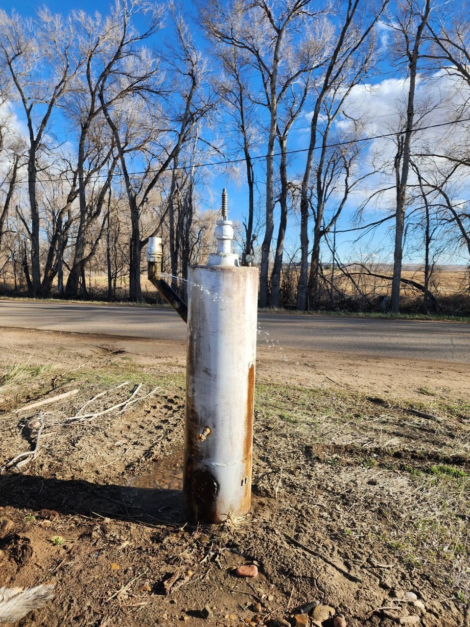 Weathered metal post in a dry field with bare trees and blue sky in the background