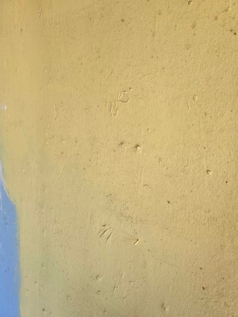 Close-up of a yellow textured wall with a blue edge on the left side.
