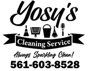 Logo for Yosy's Cleaning Service: text and cleaning tool icons on a ribbon with phone number.