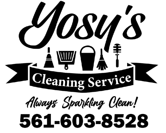 Logo for Yosy's Cleaning Service: text and cleaning tool icons on a ribbon with phone number.