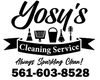 Logo for Yosy's Cleaning Service: text and cleaning tool icons on a ribbon with phone number.