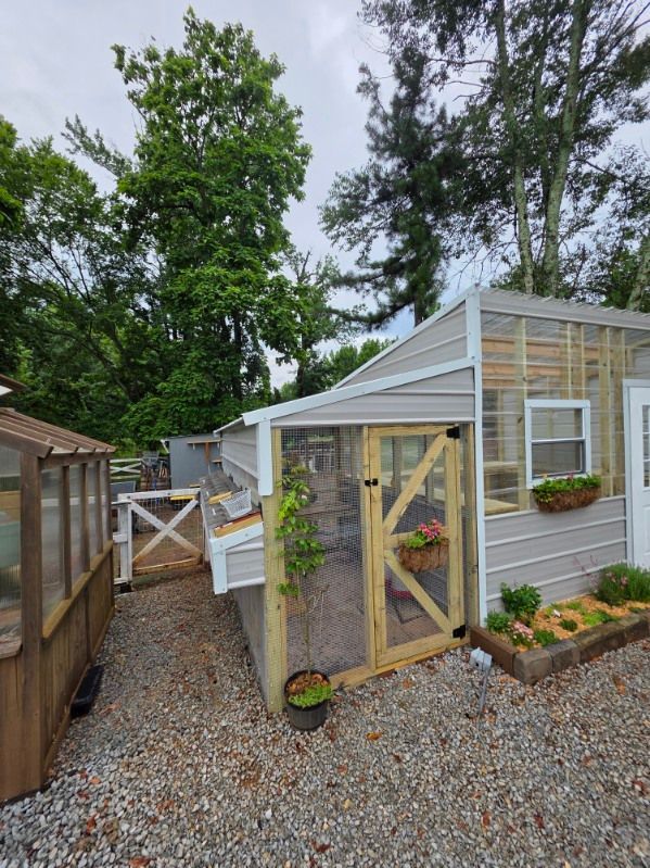 Gravel path beside a small greenhouse and shed with wood-framed doors, surrounded by trees and garden beds