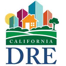 Logo for the California Department of Real Estate featuring colorful buildings, a house, and a tree above the text