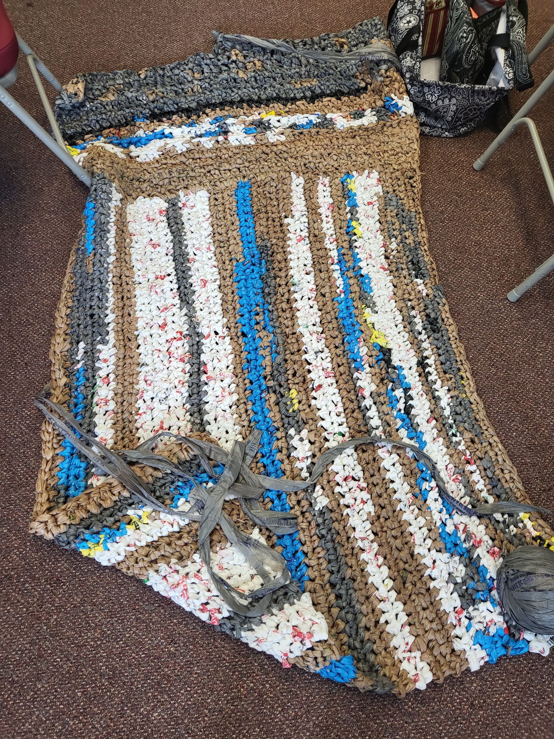 Plarn (recycled plastic yarn) blanket for the homeless