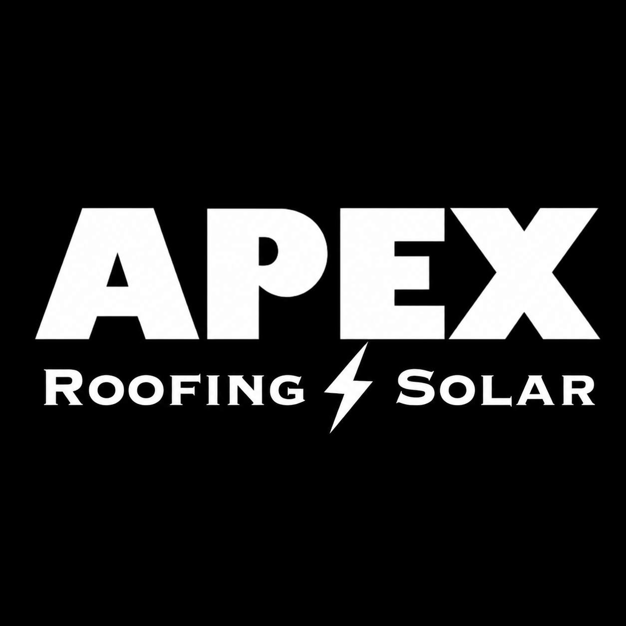 A white logo on a black background reading "APEX" in large capital letters, with "Roofing & Solar" written below it.