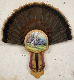 a turkey fan with a picture of a turkey on it is hanging on a wall — Mountain Critters Taxidermy — Newville, PA