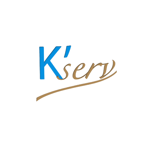 Un logo bleu et or pour k'serv sur fond blanc.