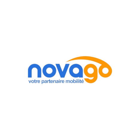 Un logo novago bleu et orange sur fond blanc