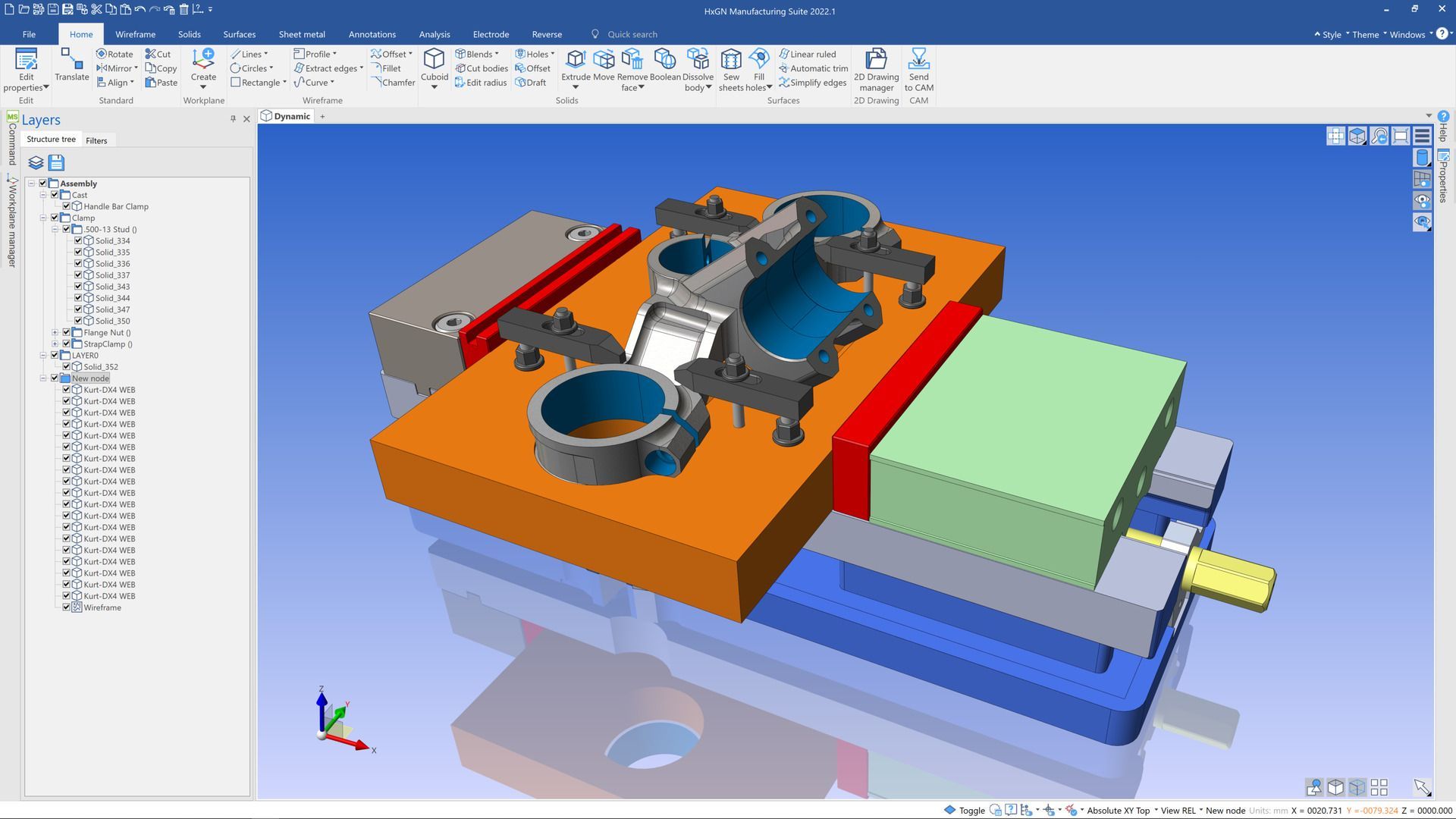 WorkNC Designer 2022 — assemblaggio stampo con parti arancioni e verdi