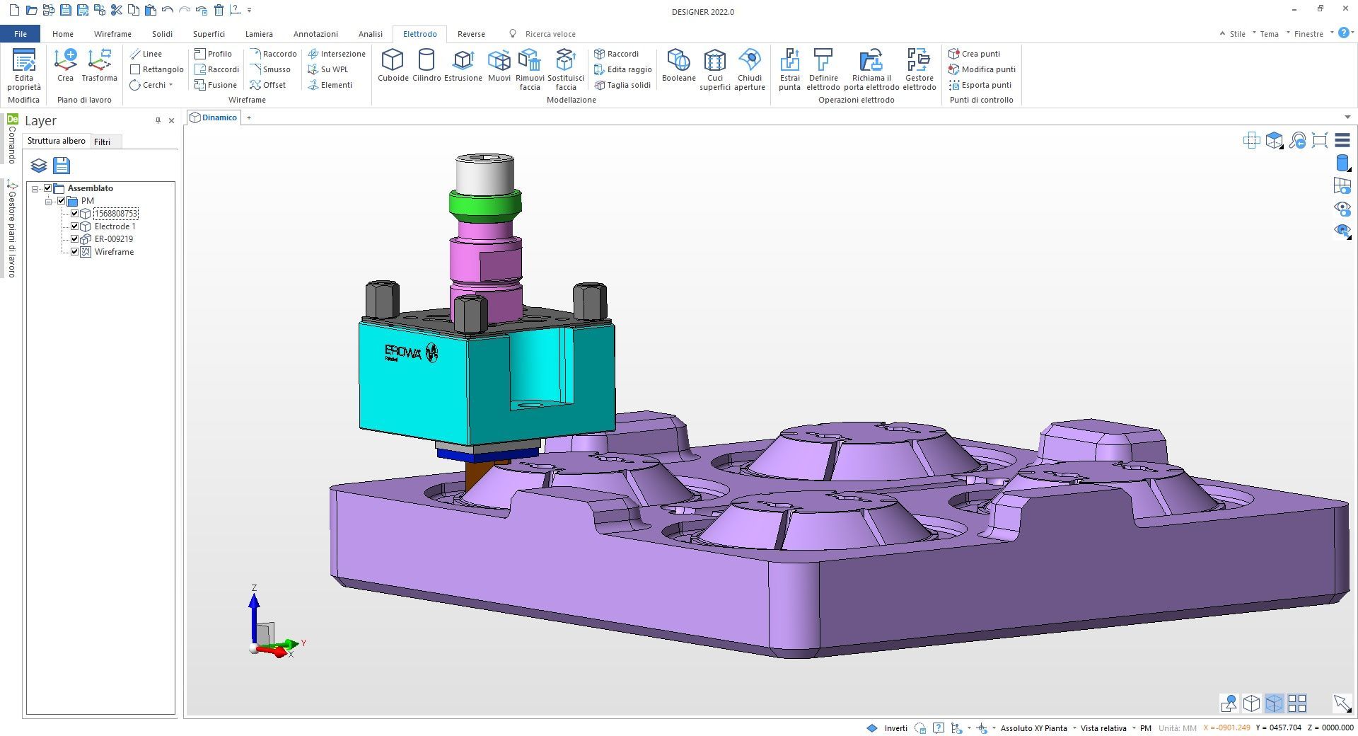 WorkNC Designer vista PC — assemblaggio multi-part stampo ed elettrodi 3D