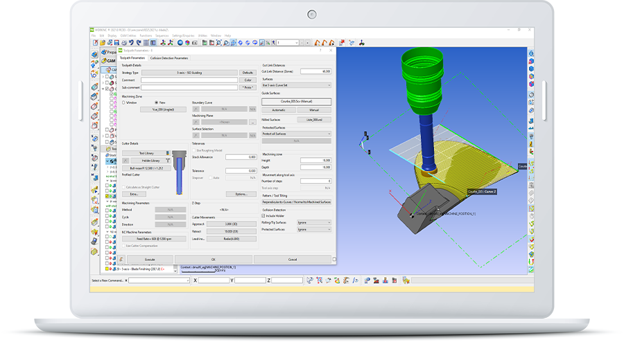 WorkNC roughing — 3-axis roughing with yellow toolpath on gray part