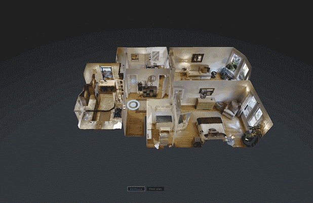 A 3d floor plan of a house with a lot of furniture.