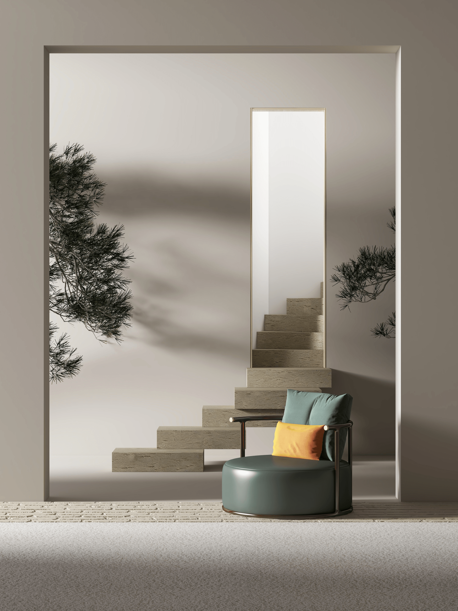 A chair is sitting in a room with stairs in the background.
