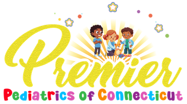 Logo: "Premier Pediatrics of Connecticut" with cartoon children, stars, and sunburst.
