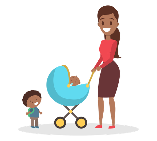 Woman pushing baby stroller, child beside them, all smiling, outdoors.