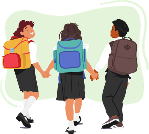 Cartoon drawing of children walking, holding hands and wearing backpacks.