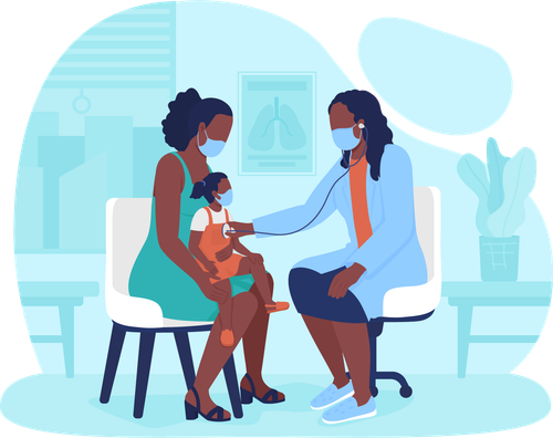 Cartoon drawing of a female pediatrician checking a child's heart. The child is sitting on her mom's lap.