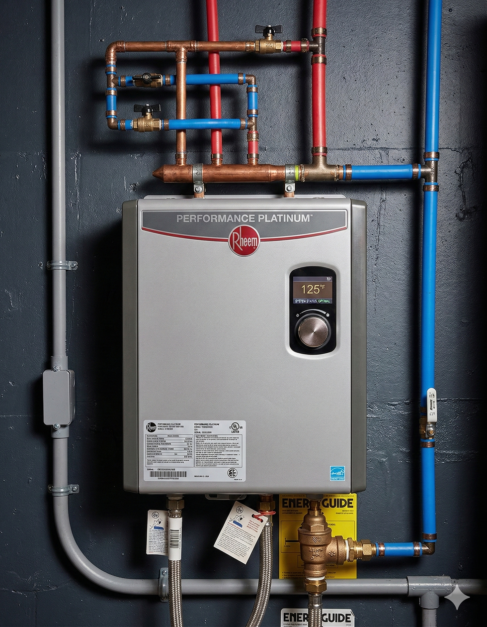 Electric tankless water heater on a gray wall with blue and copper pipes.