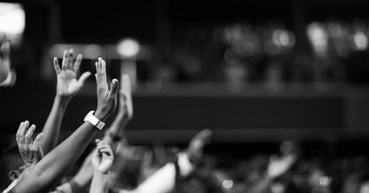 Audience with raised hands at a concert, black-and-white scene