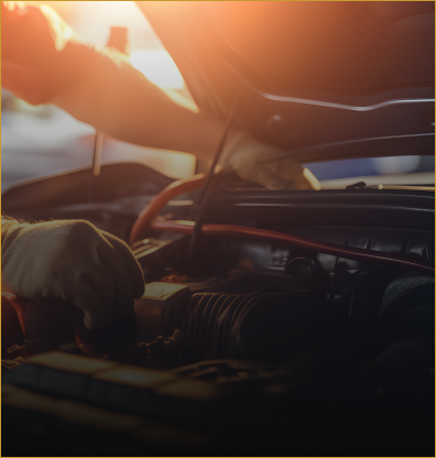 Mechanic’s gloved hand working on a car engine in warm sunset light | The Family Mechanics - Cherry Hill