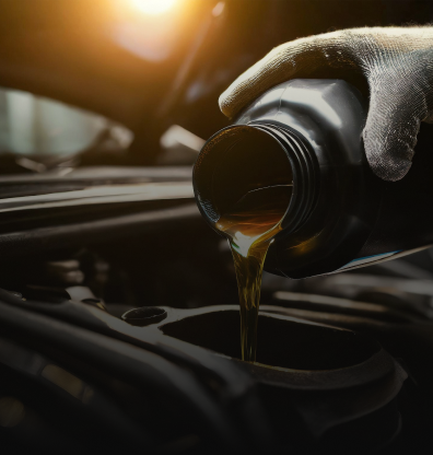 Motor oil pouring from a bottle into a car engine, lit by warm sunlight | The Family Mechanics - Cherry Hill