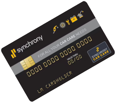 Black Synchrony Car Care credit card with gold chip and icons on a dark background | The Family Mechanics - Cherry Hill